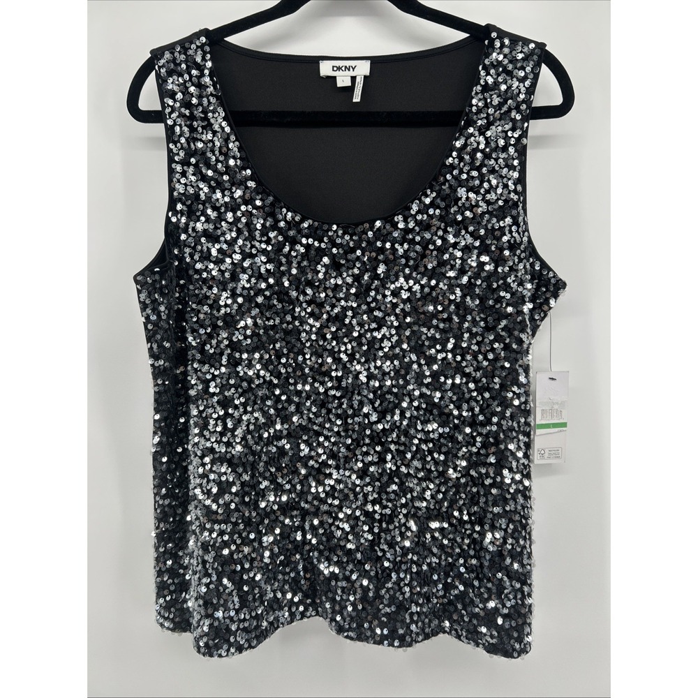 DKNY Shimmering Sequin Scoop-Neck Holiday Tank Top NWT Size L